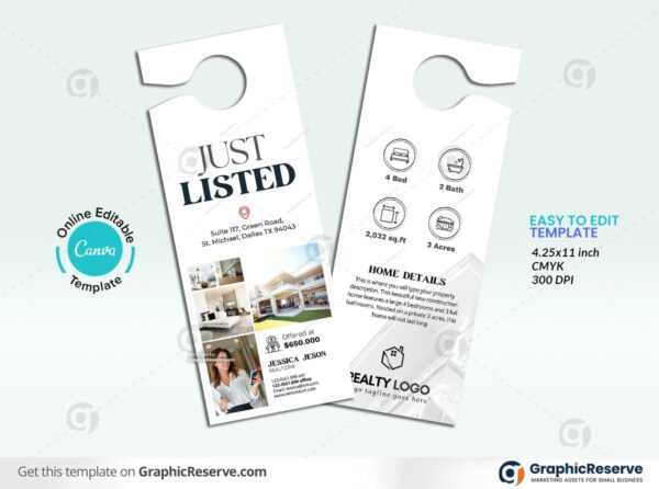 Just Listed Real Estate Door Hanger Design (Canva template)