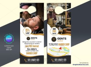 Editable Barber Shop Door Hanger Canva Template for Business Marketing