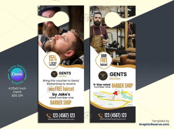 Editable Barber Shop Door Hanger Canva Template for Business Marketing