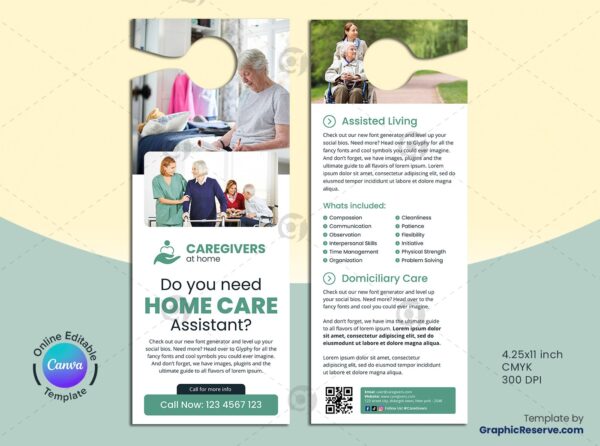 Home Care Assistant Door Hanger Canva Template